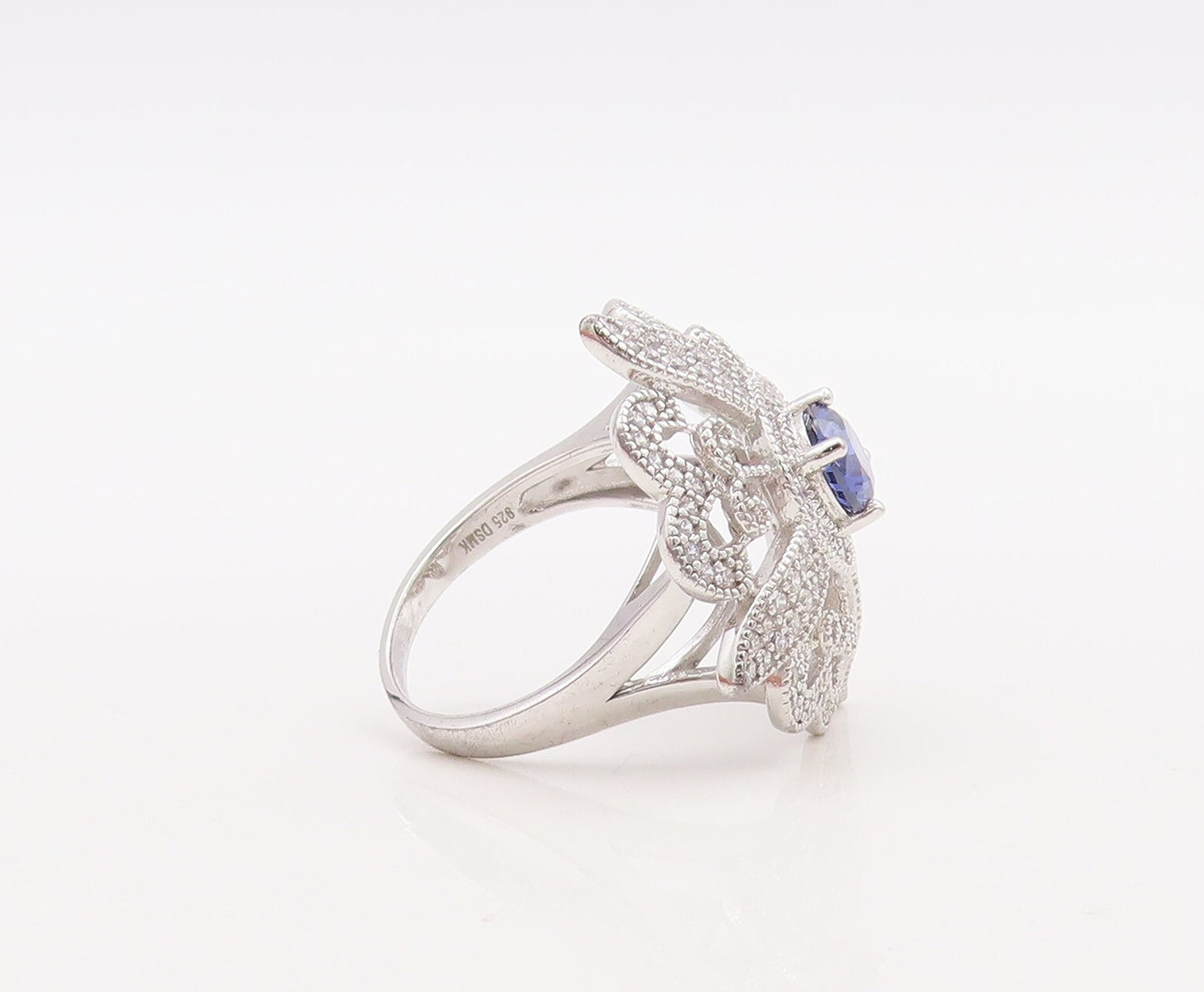 925 Sterling Silver Vintage Ring CZ & Sapphire Cutout Flower  Sz 7  RG29843