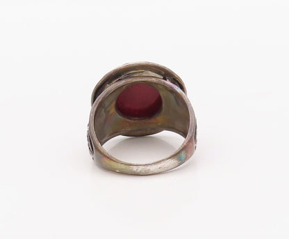925 Sterling Silver Vintage Ring Dark Tone Swirly Carved Red Gem  Sz 10  RG30290