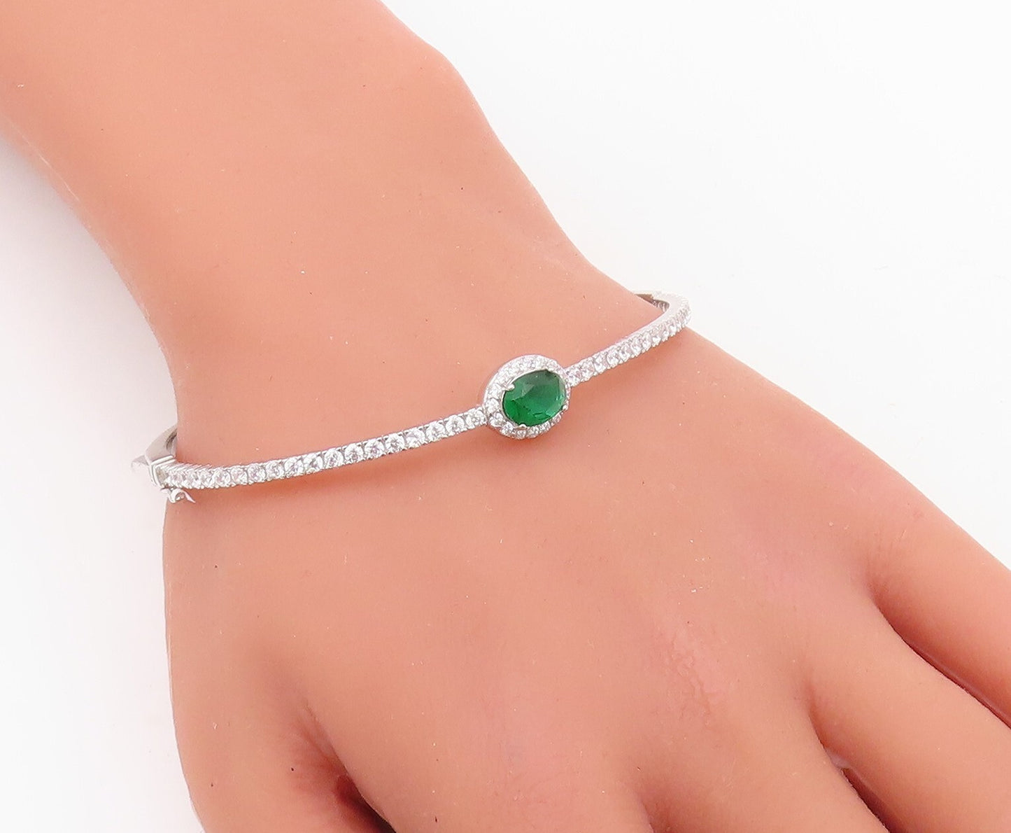 925 Sterling Silver Vintage Bracelet Oval Green Halo White CZ Bangle  BT10709
