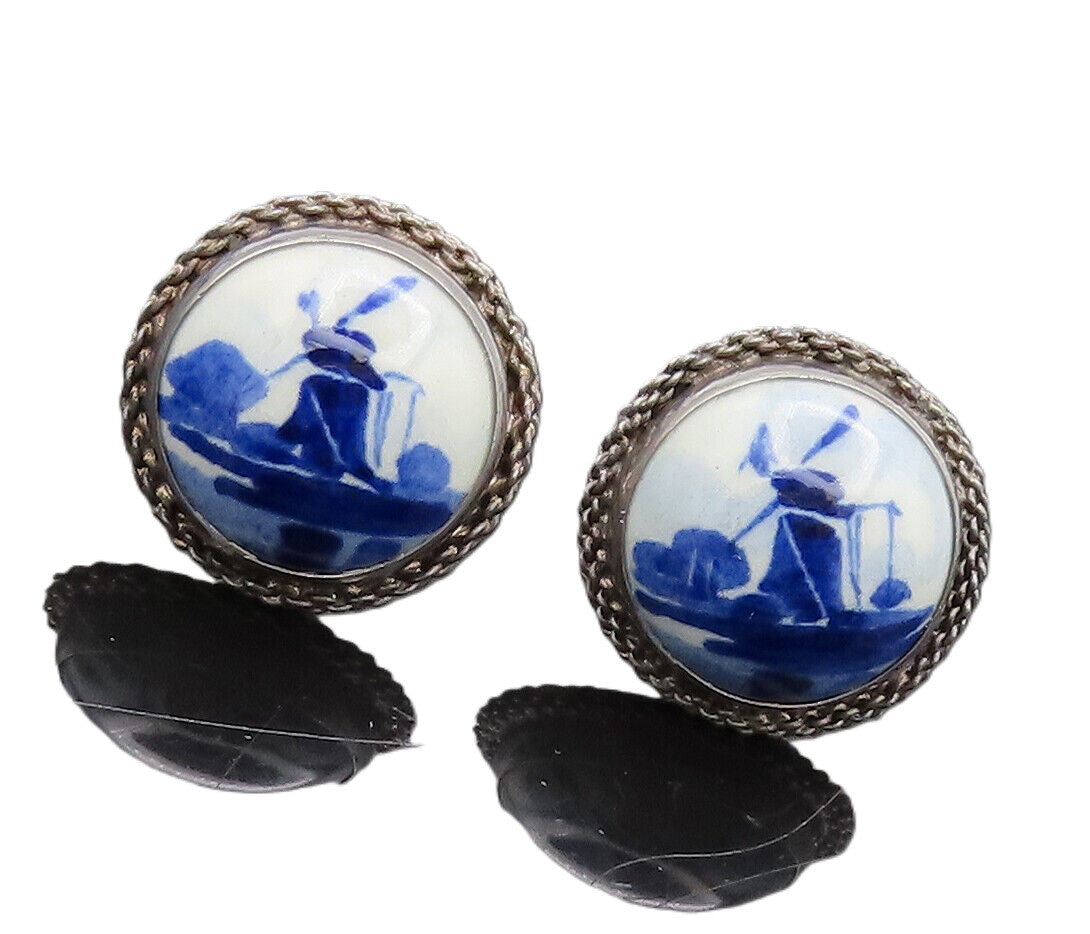 HOLLAND 925 Silver  Vintage Painted Dome Halo Twisted Rope Earrings  EG12698