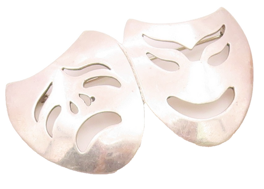 MEXICO 925 Sterling Silver  Vintage Dramatic Theater Masks Brooch Pin  BP6909