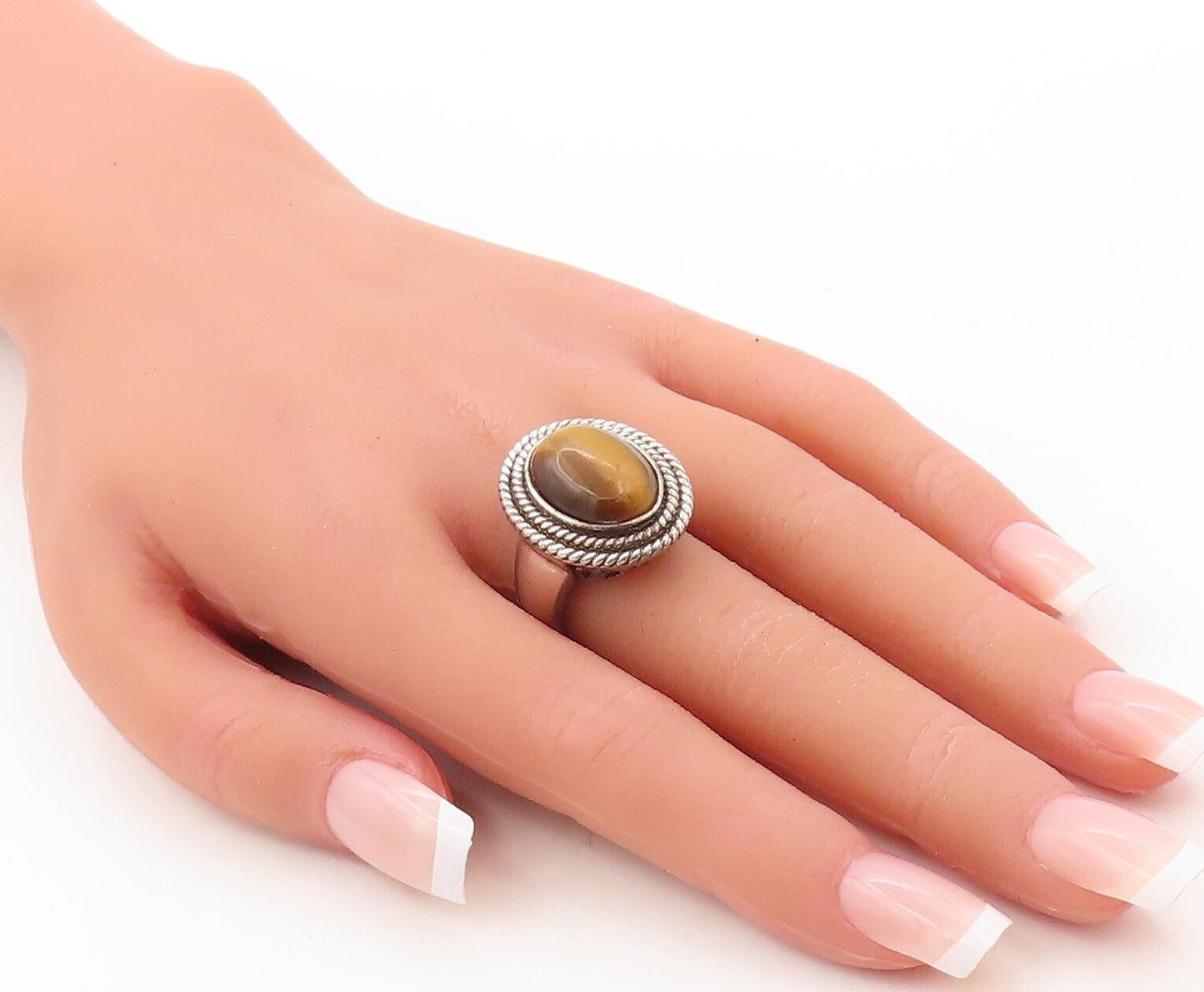 925 Sterling Silver Vintage Ring Tigers Eye Halo Twisted Rope  Sz 7.5  RG31071