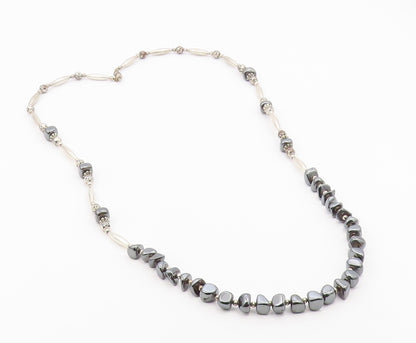 925 Sterling Silver  Vintage Engraved Ball Hematite Layered Necklace  NE3879