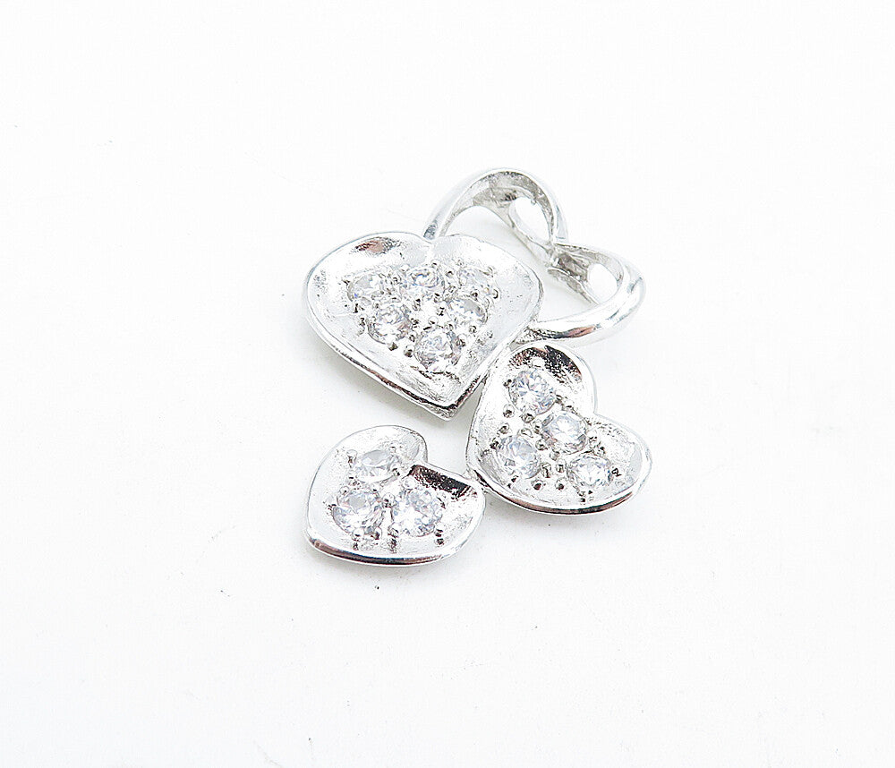 925 Sterling Silver  Sparkling Cubic Zirconia Shiny Love Hearts Pendant PT3580