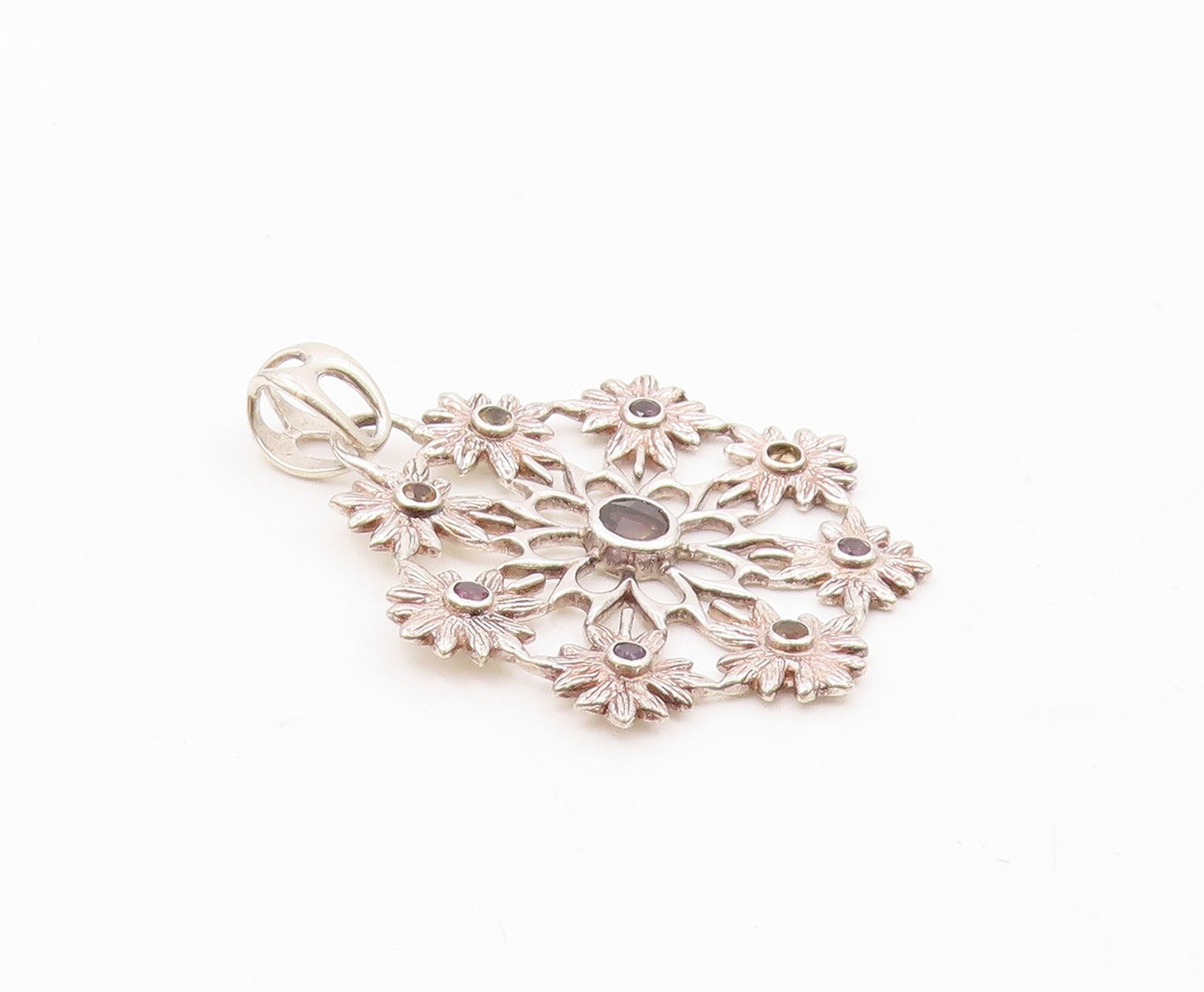 925 Sterling Silver  Topaz Amethyst & Citrine Flower Motif Pendant  PT6639