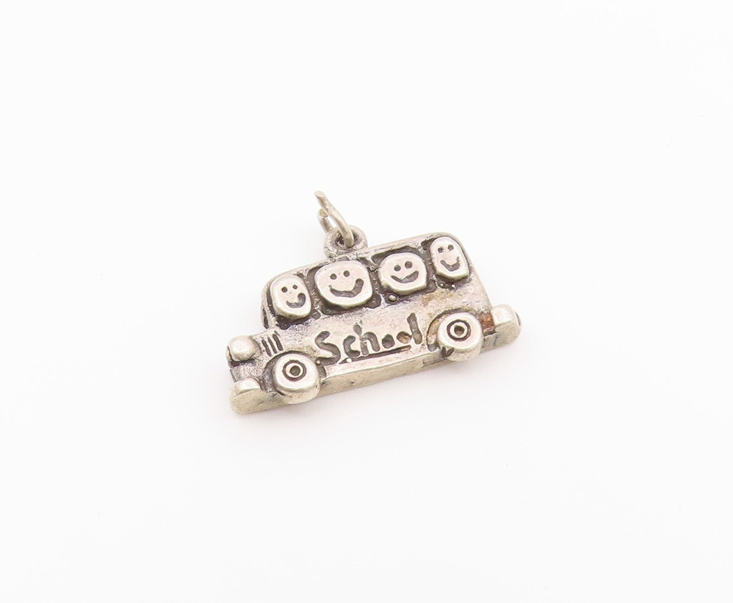 925 Sterling Silver  Vintage Happy Students On School Bus Pendant  PT19739