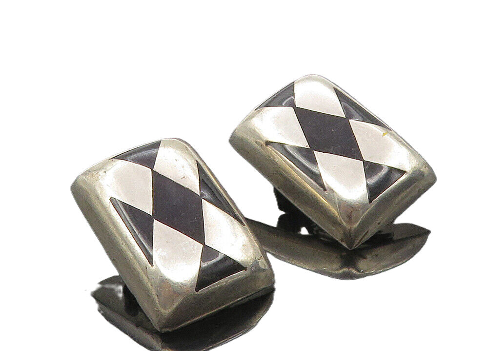 MEXICO 925 Sterling Silver  Vintage Black Onyx Non Pierce Earrings  EG5131