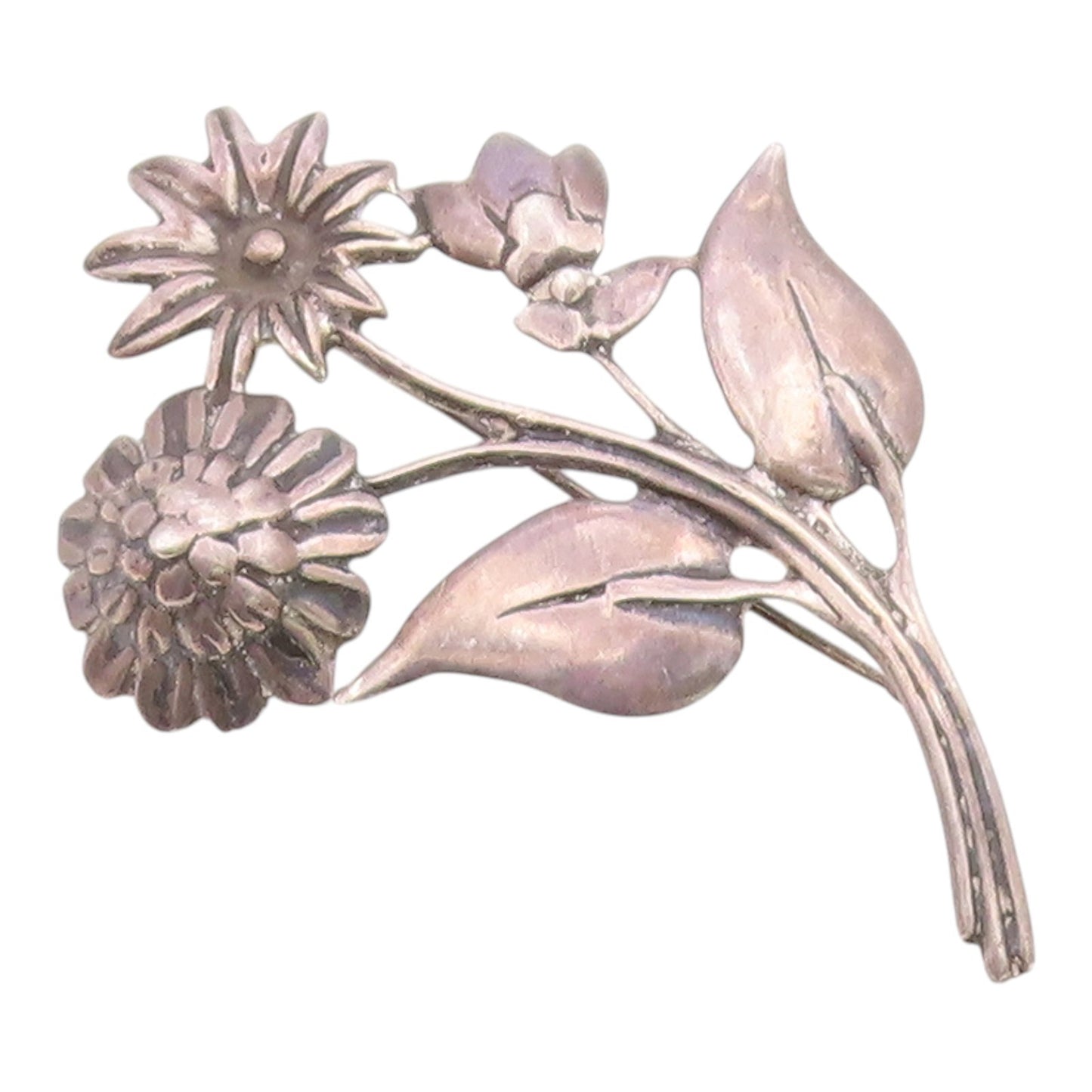 925 Sterling Silver Vintage Antique Carved Flowers With Stem Brooch Pin BP9574