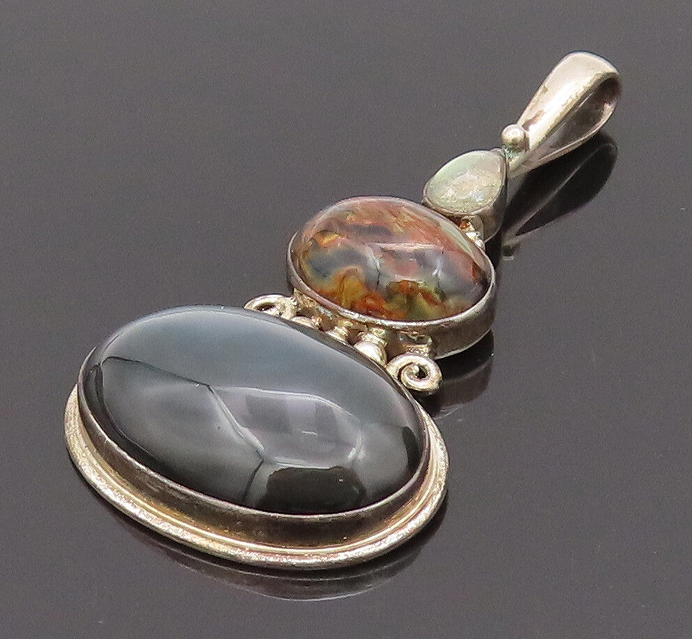 SAJEN 925 Silver  Vintage Handcrafted Natural Agate & Jasper Pendant  PT22171