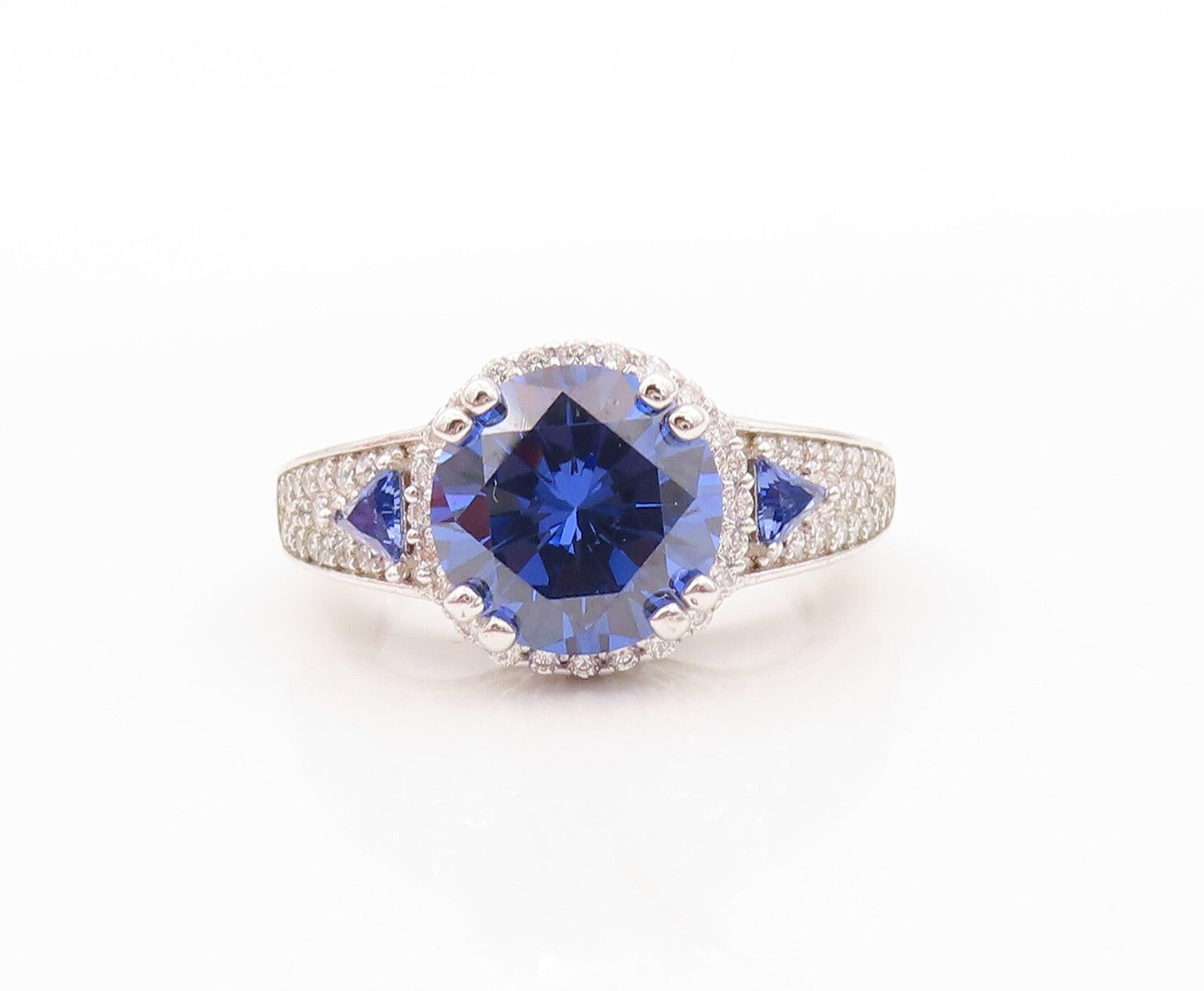 925 Sterling Silver Vintage Ring Designer Sapphire & CZ Inlay  Sz 7.5  RG30216