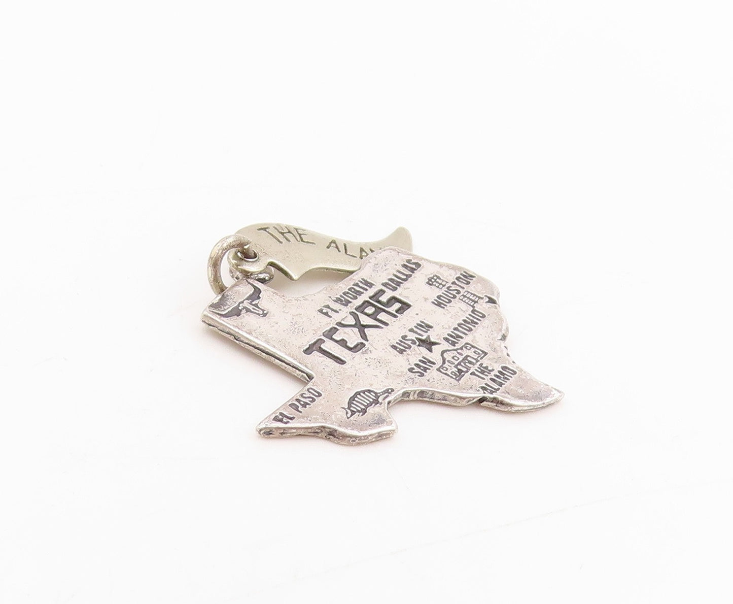 925 Sterling Silver Vintage Pendant Texas State Map With City Engravings PT25394