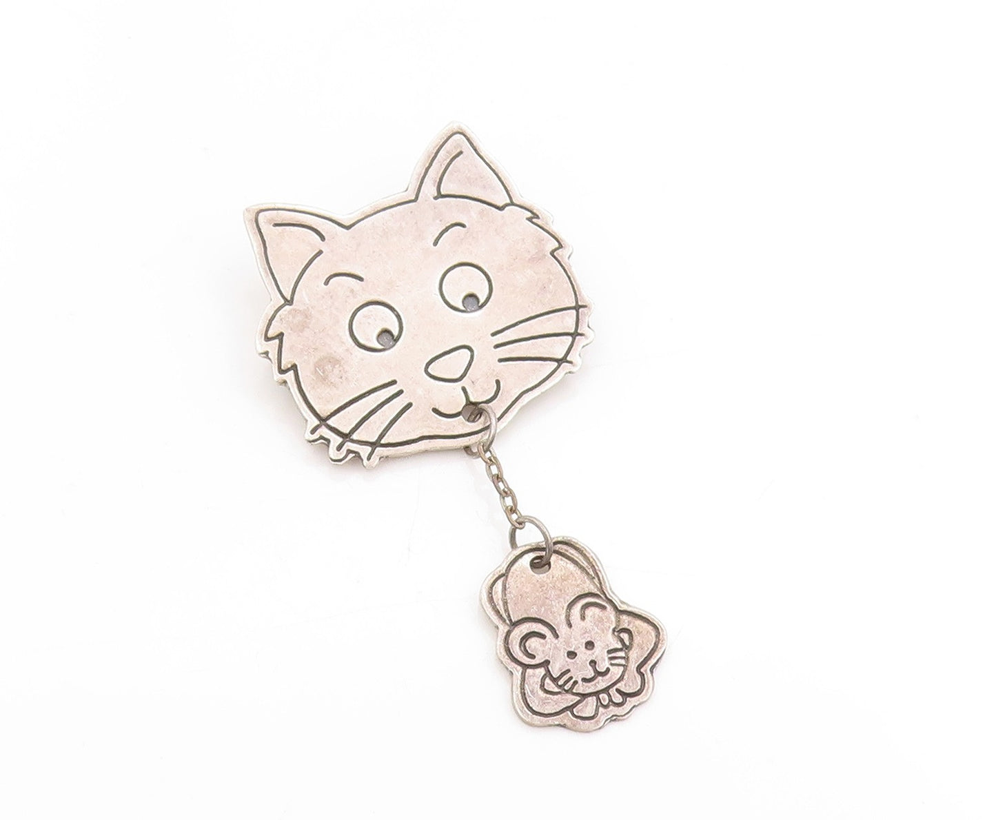 925 Sterling Silver Vintage Brooch MEXICO Frenemies Cat & Mouse Dangle  BP11856