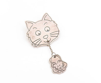 925 Sterling Silver Vintage Brooch MEXICO Frenemies Cat & Mouse Dangle  BP11856