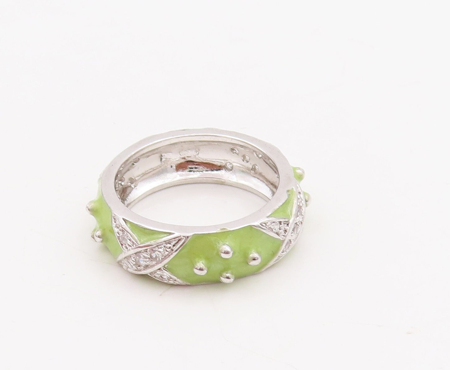 925 Sterling Silver Vintage Ring Designer Green Enameled CZ Inlay  Sz 6  RG29057
