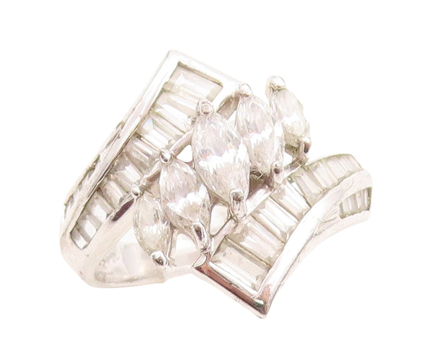 925 Sterling Silver Vintage Ring Modernist CZ Inlay Floral Design  Sz 6  RG31882