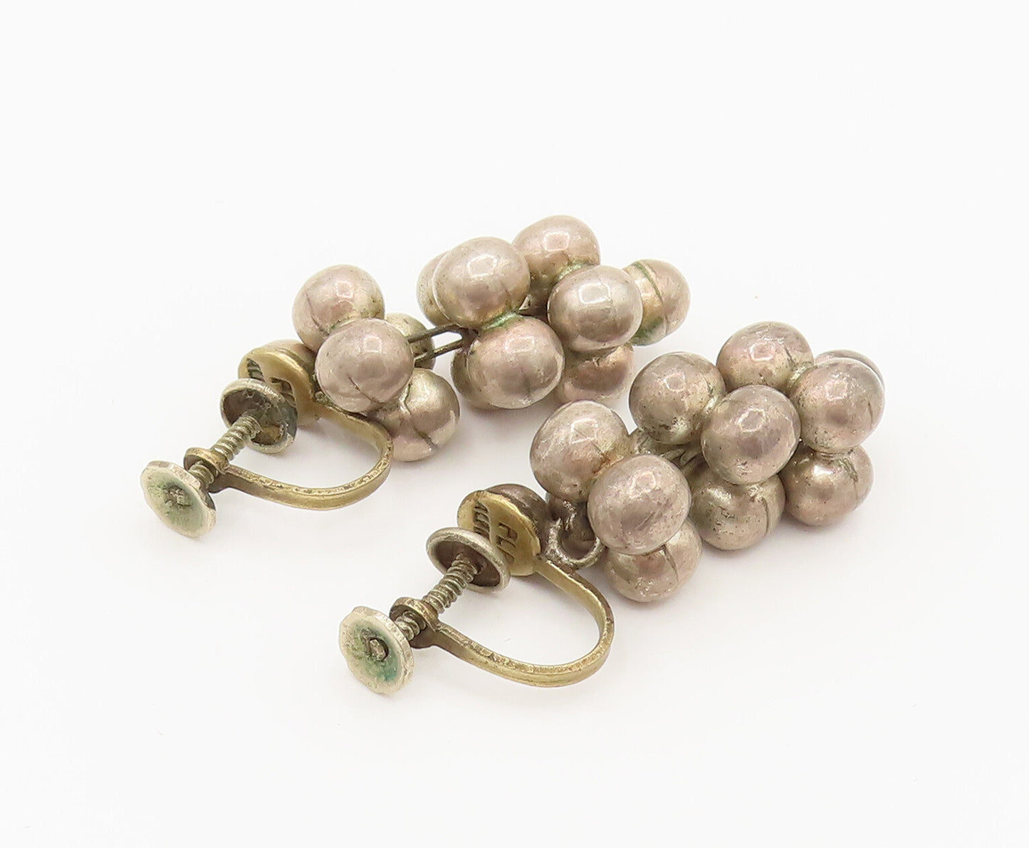 925 Sterling Silver  Vintage Bead Ball Cluster Screw Back Earrings  EG12355