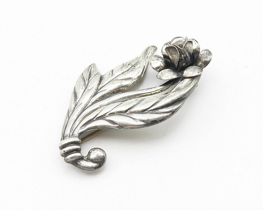 925 Sterling Silver  Vintage Shiny Sculpted Single Flower Brooch Pin  BP4231