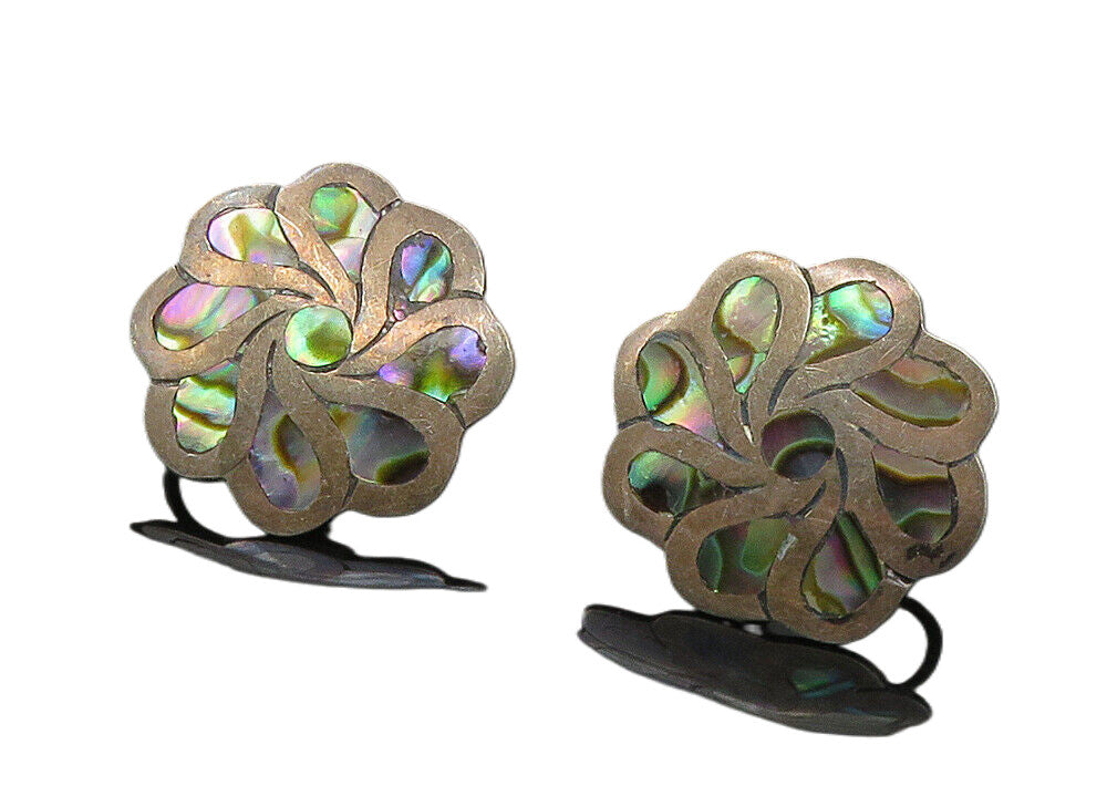 MEXICO 925 Sterling Silver  Vintage Abalone Floral Non Pierce Earrings  EG5271