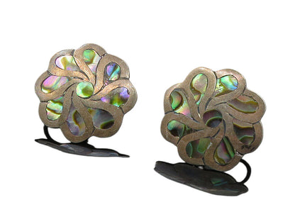 MEXICO 925 Sterling Silver  Vintage Abalone Floral Non Pierce Earrings  EG5271