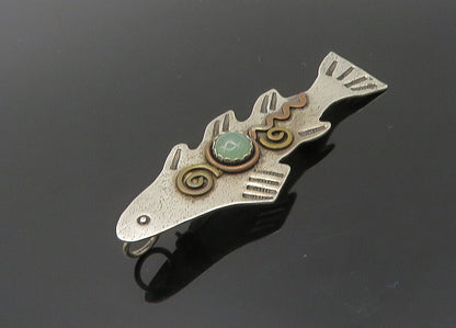 DESIGNER 925 Silver  Vintage Cabochon Jade Two Tone Fish Brooch Pin  BP8020