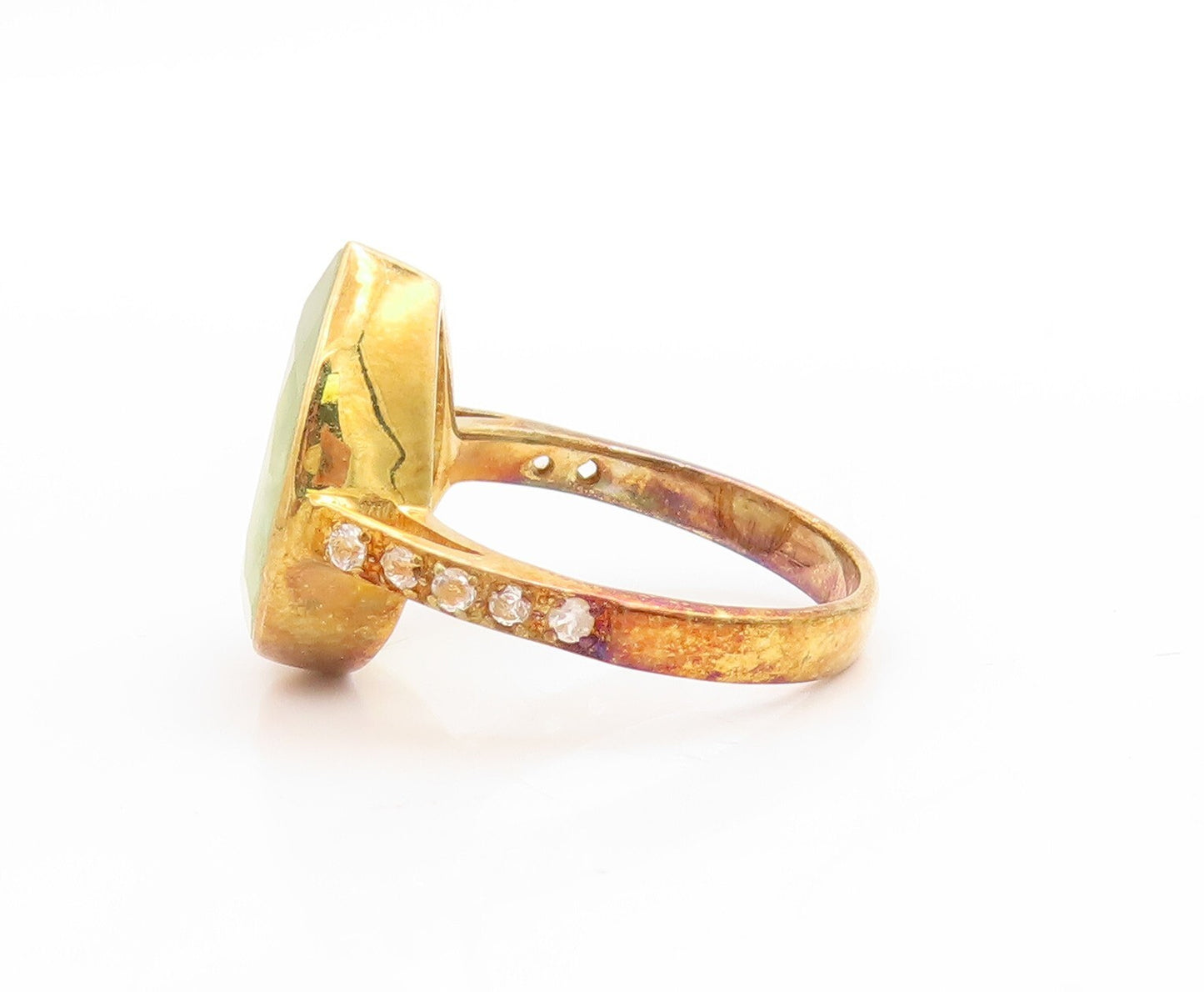 925 Sterling Silver Vintage Ring Gold Drop Cut Green Gemstone & CZ Sz 8  RG30535