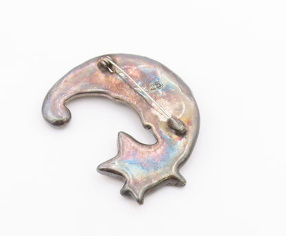 925 Sterling Silver  Vintage Crescent Moon Face & Star Brooch Pin  BP7881
