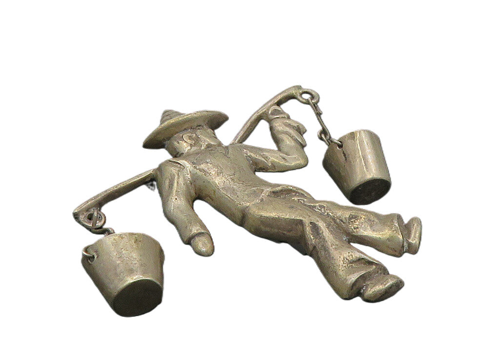 925 Sterling Silver  Vintage Dark Tone Man Carrying Buckets Brooch Pin  BP3918