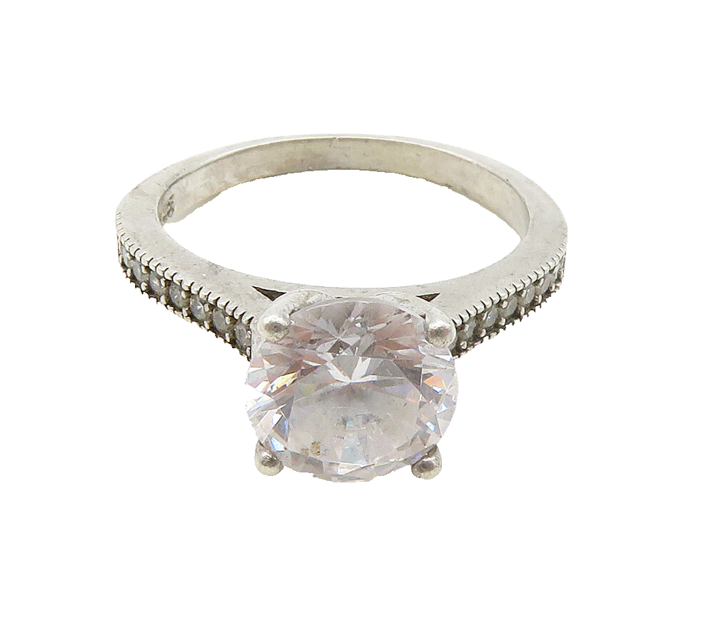 925 Sterling Silver  Cubic Zirconia Solitaire With Accents Ring Sz 6  RG15990