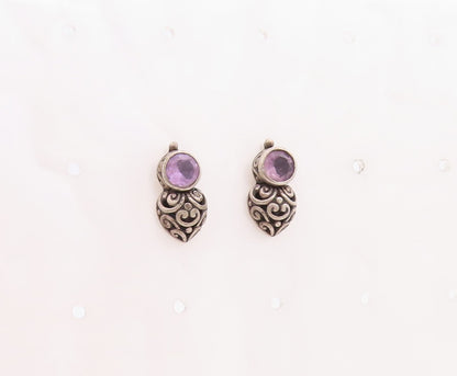 925 Sterling Silver Vintage Earrings Dark Tone Swirly Carved Amethyst  EG13248