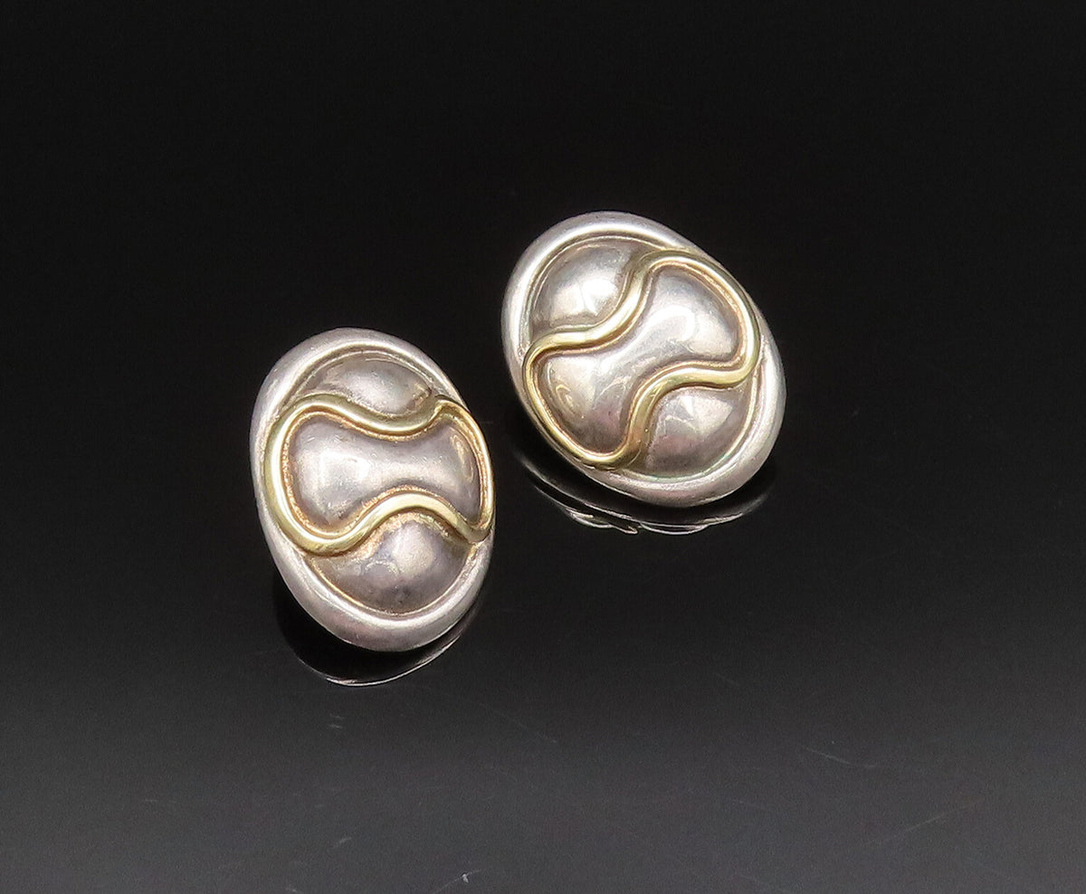 ROBERT WINC 18K GOLD & 925 Silver  Vintage 2 Tone Wave Oval Earrings  EG12020