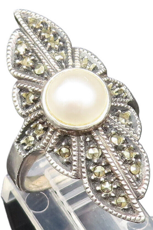 925 Silver  Vintage Fresh Water Pearl & Marcasite Cocktail Ring Sz 8  RG25660