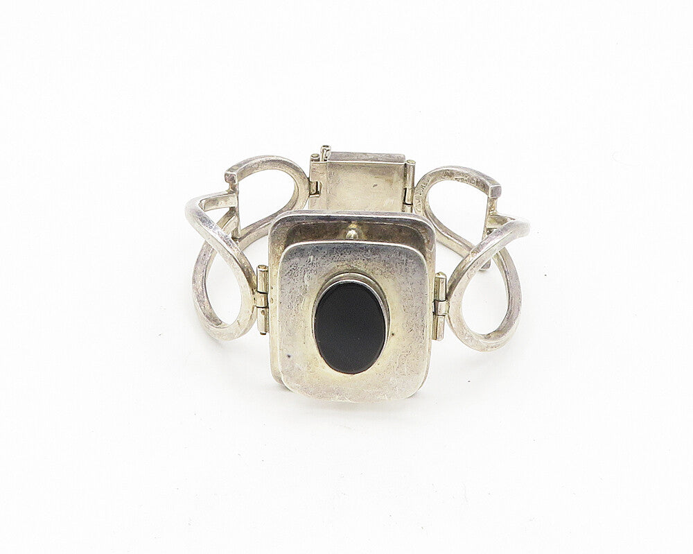 MEXICO 925 Sterling Silver  Vintage Inlaid Black Onyx Chain Bracelet  BT7236