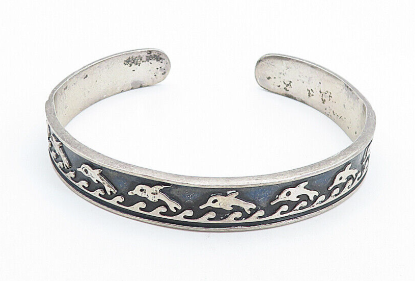MEXICO 925 Sterling Silver  Vintage Oxidized Dolphin Cuff Bracelet  BT2514