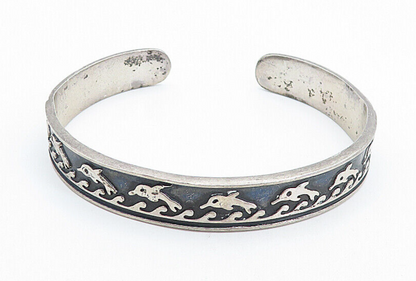 MEXICO 925 Sterling Silver  Vintage Oxidized Dolphin Cuff Bracelet  BT2514