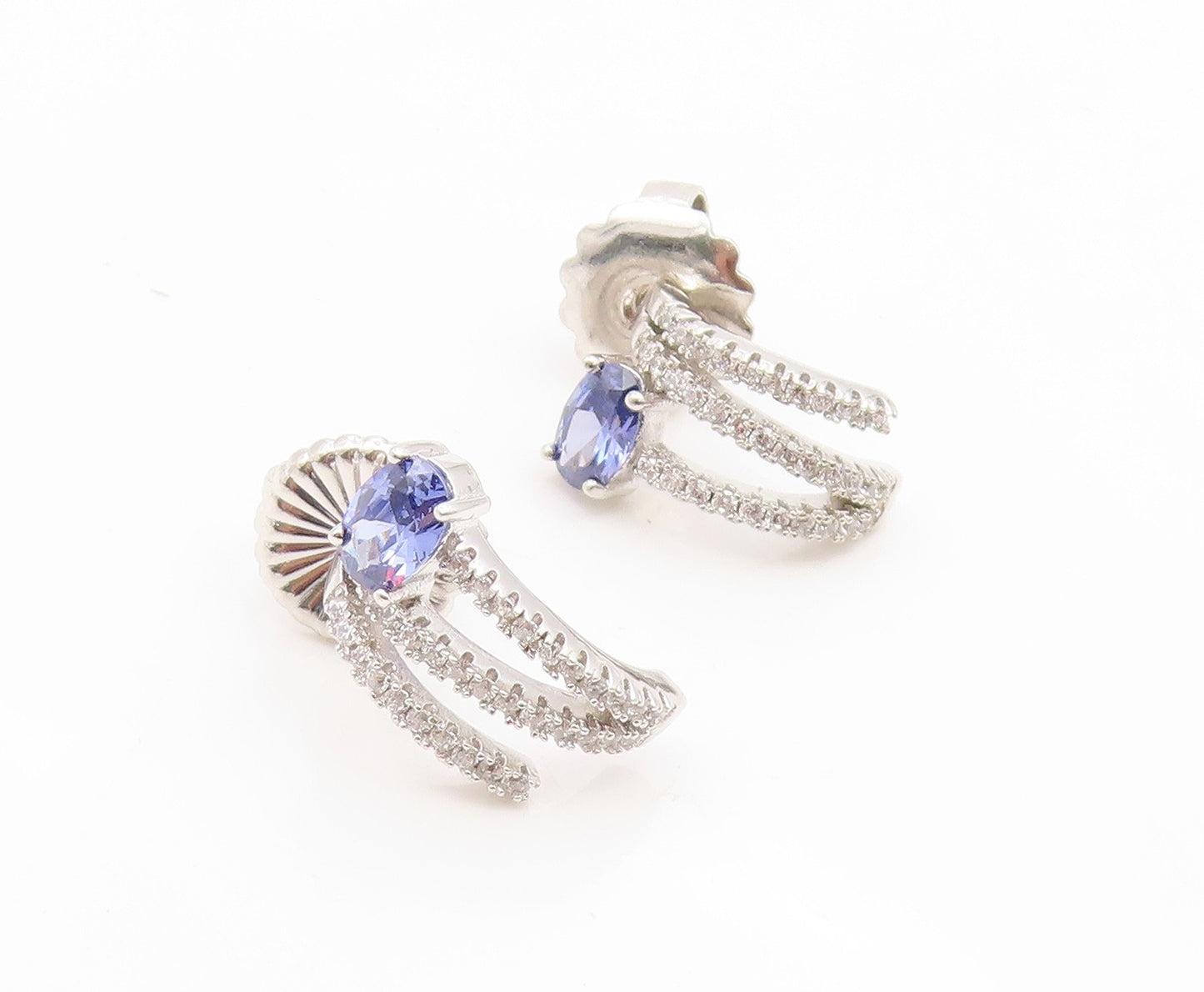 925 Sterling Silver Vintage Earrings Elegant Oval Tanzanite & CZ Stud  EG14196