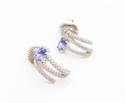 925 Sterling Silver Vintage Earrings Elegant Oval Tanzanite & CZ Stud  EG14196