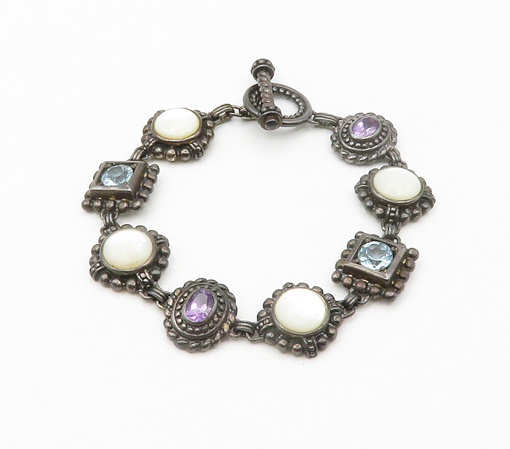 925 Silver  Vintage Mother Of Pearl Amethyst & Topaz Chain Bracelet  BT5975