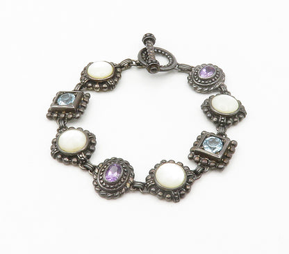 925 Silver  Vintage Mother Of Pearl Amethyst & Topaz Chain Bracelet  BT5975