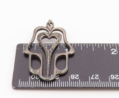 925 Sterling Silver Vintage Pendant Modernist Open Hamsa Heart Charm  PT26382