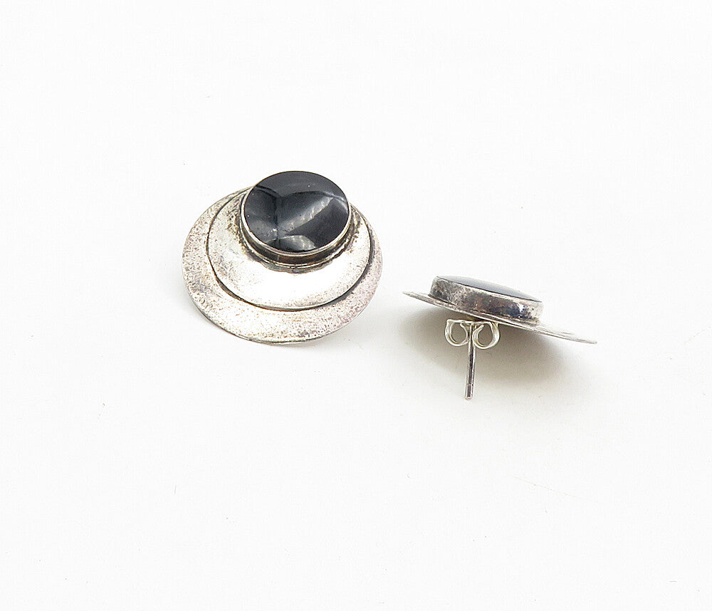 925 Sterling Silver  Vintage Inlaid Black Onyx Round Drop Earrings  EG4556