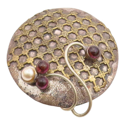 DESIGNER 925 Silver  Vintage Pearl & Amethyst Floral Pattern Brooch Pin BP8199