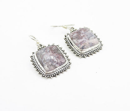 925 Sterling Silver  Vintage Cabochon Cut Jasper Square Drop Earrings  EG3232