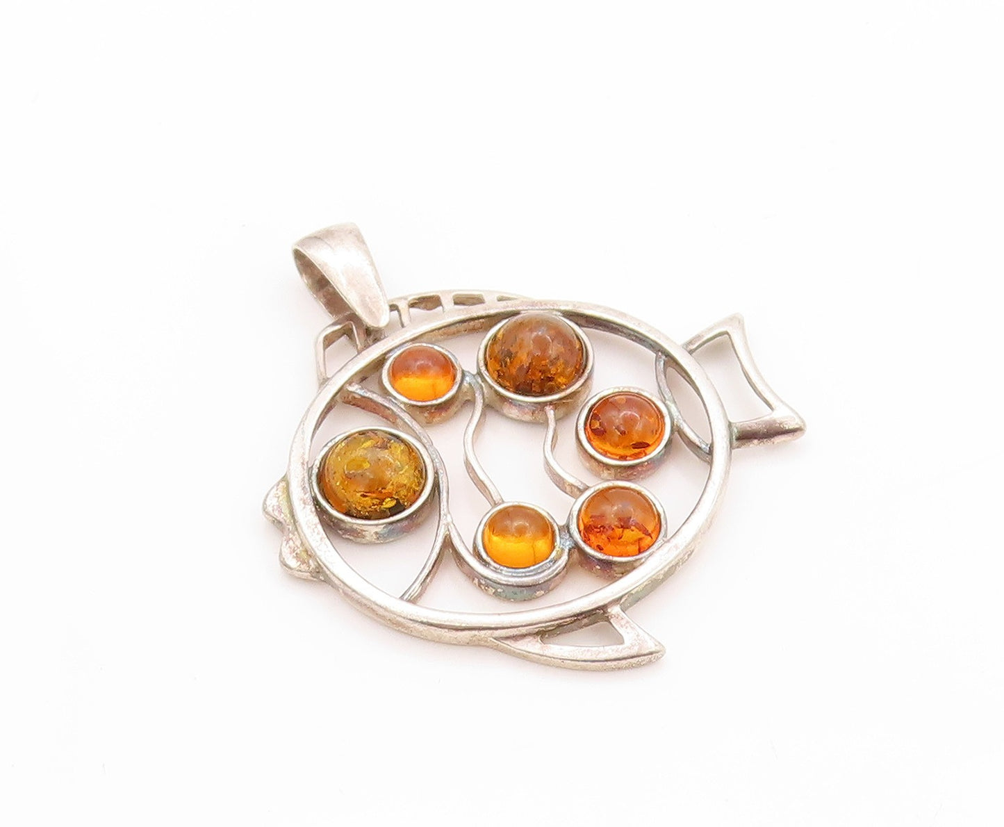 925 Sterling Silver Vintage Pendant Honey Amber Cutout Tropical Fish  PT24163