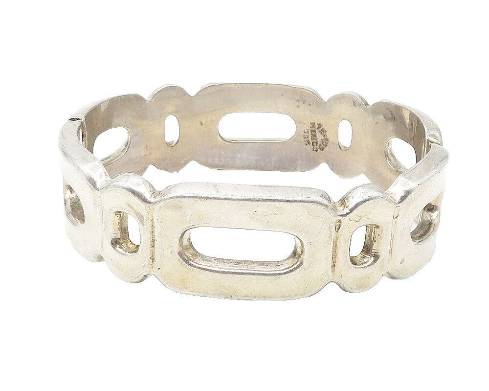 MEXICO 925 Sterling Silver  Vintage Solid Cutout Hinge Bangle Bracelet BT4558