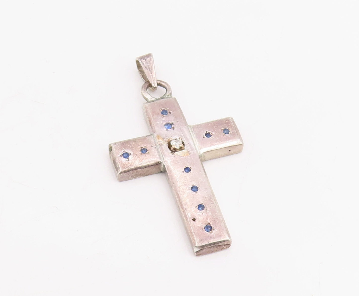925 Sterling Silver Vintage Pendant Real Diamond & Sapphire Holy Cross  PT25878