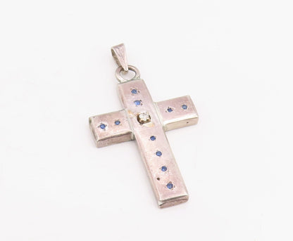 925 Sterling Silver Vintage Pendant Real Diamond & Sapphire Holy Cross  PT25878