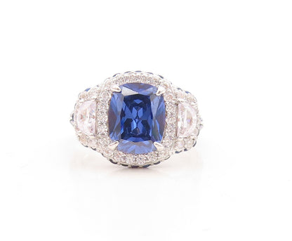 925 Sterling Silver Vintage Ring Rectangle Sapphire Designer CZ  Sz 7  RG30109