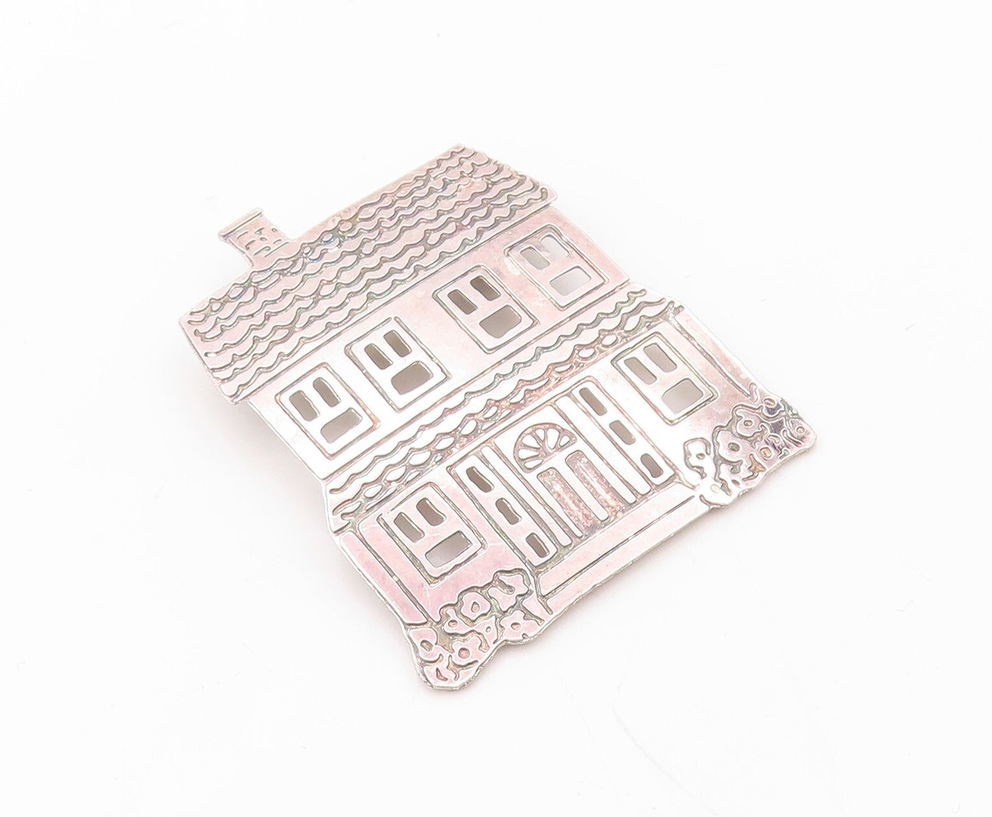 925 Sterling Silver Vintage Brooch Pin Solid Carved Family House  BP11192