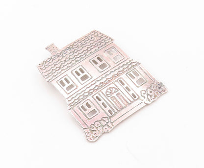 925 Sterling Silver Vintage Brooch Pin Solid Carved Family House  BP11192