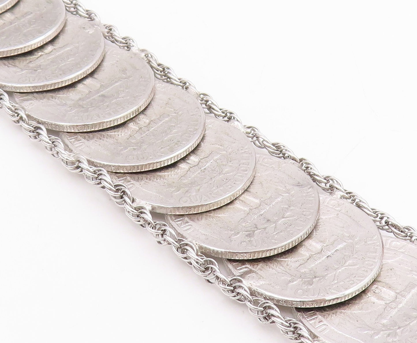 925 Sterling Silver Vintage Bracelet Solid US Quarter Dollar Coins Link  BT11626